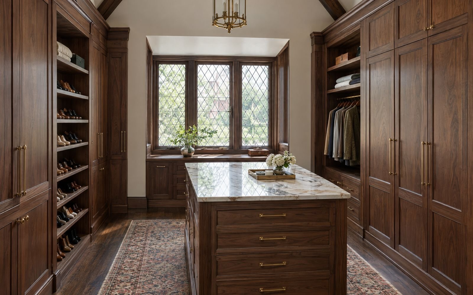 Walnut dressing room with a marble-top island in a Forest Hills Gardens Tudor, design concept