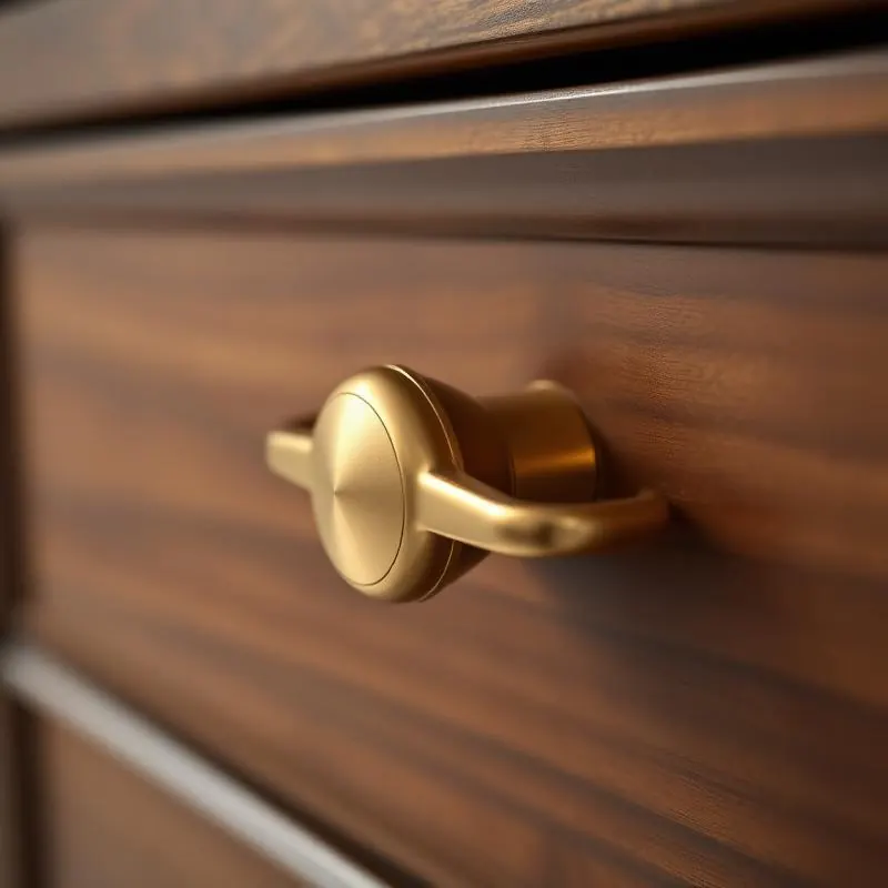 A solid-brass drawer pull on walnut