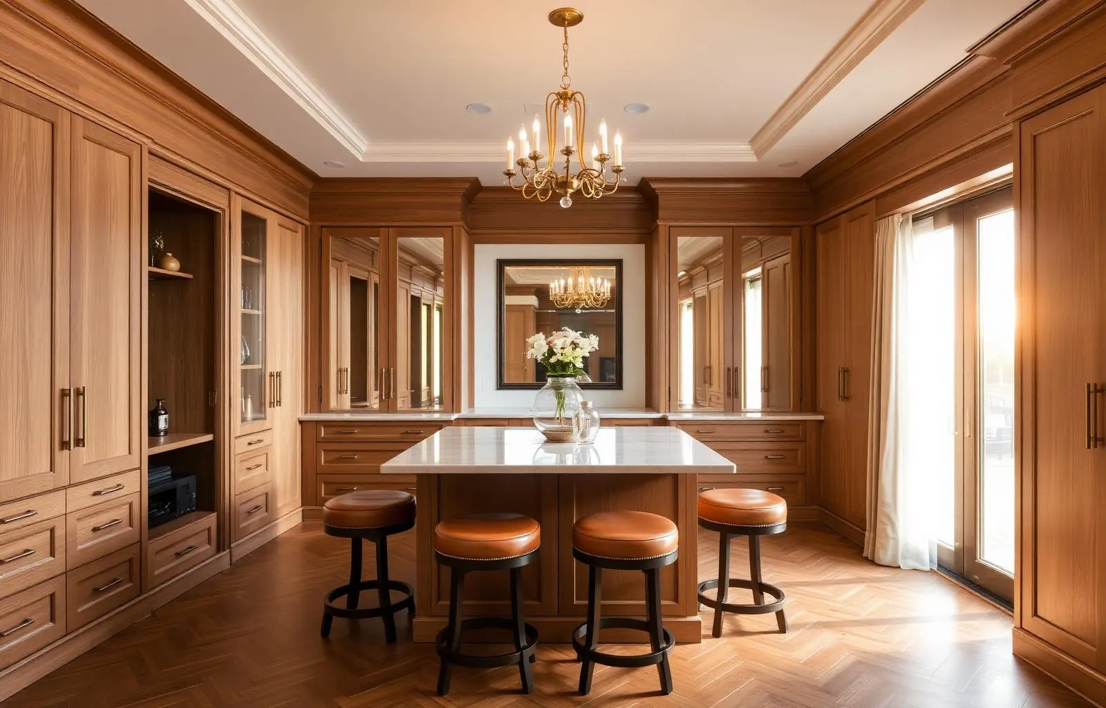 A warm walnut walk-in dressing room