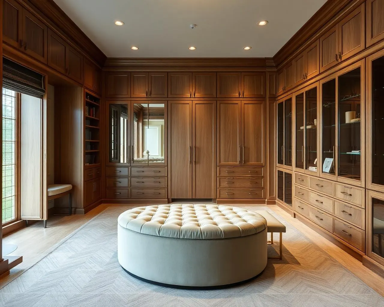Illustrative image of a fitted walk-in dressing room with shelving and drawer banks