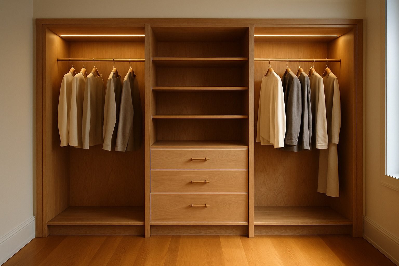 3D design render of an oak reach-in closet with two lit hanging bays, center shelves and drawers
