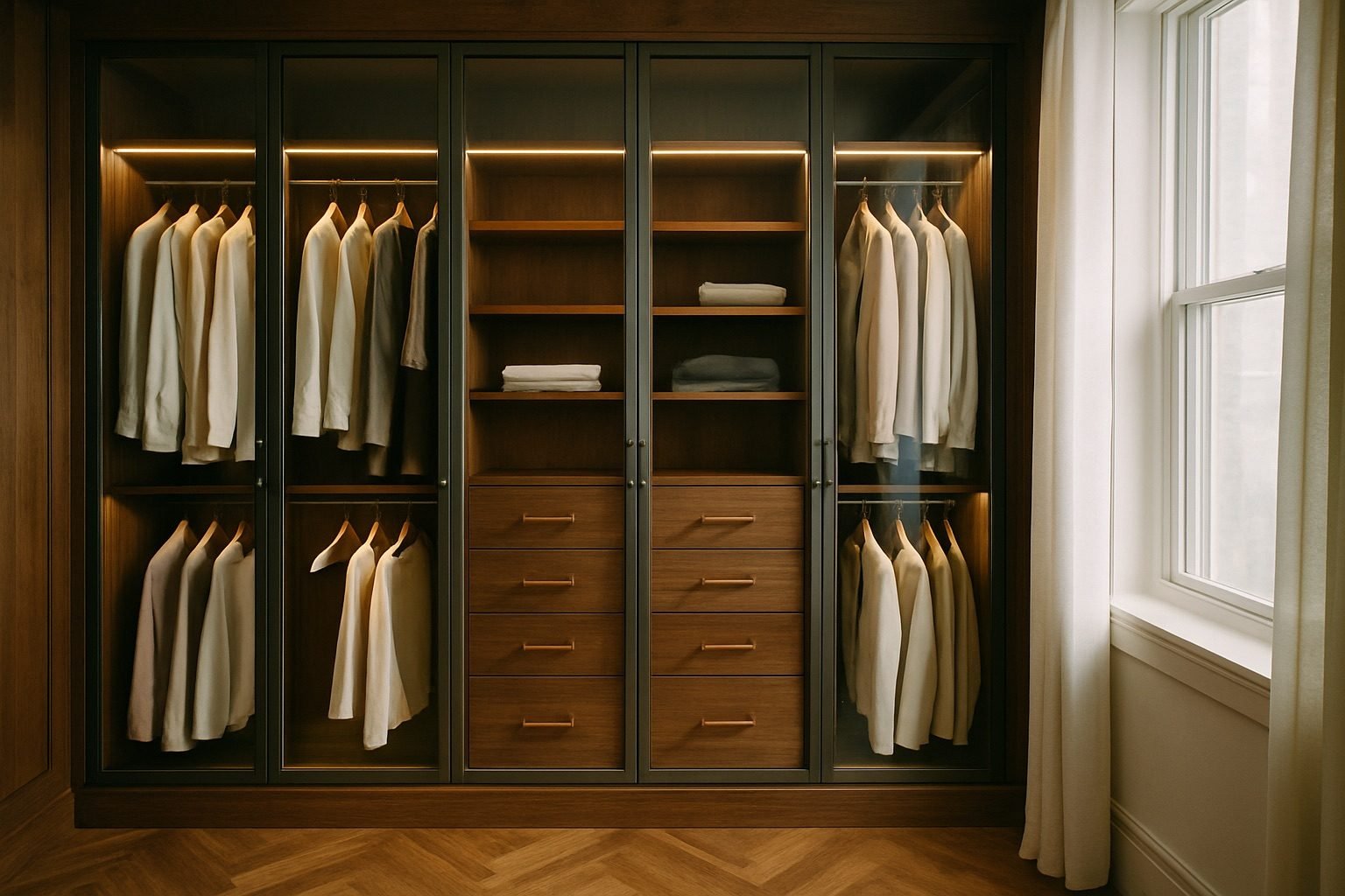 3D design render of a dark wood wardrobe with glass doors, lit double hanging, shelves and drawers