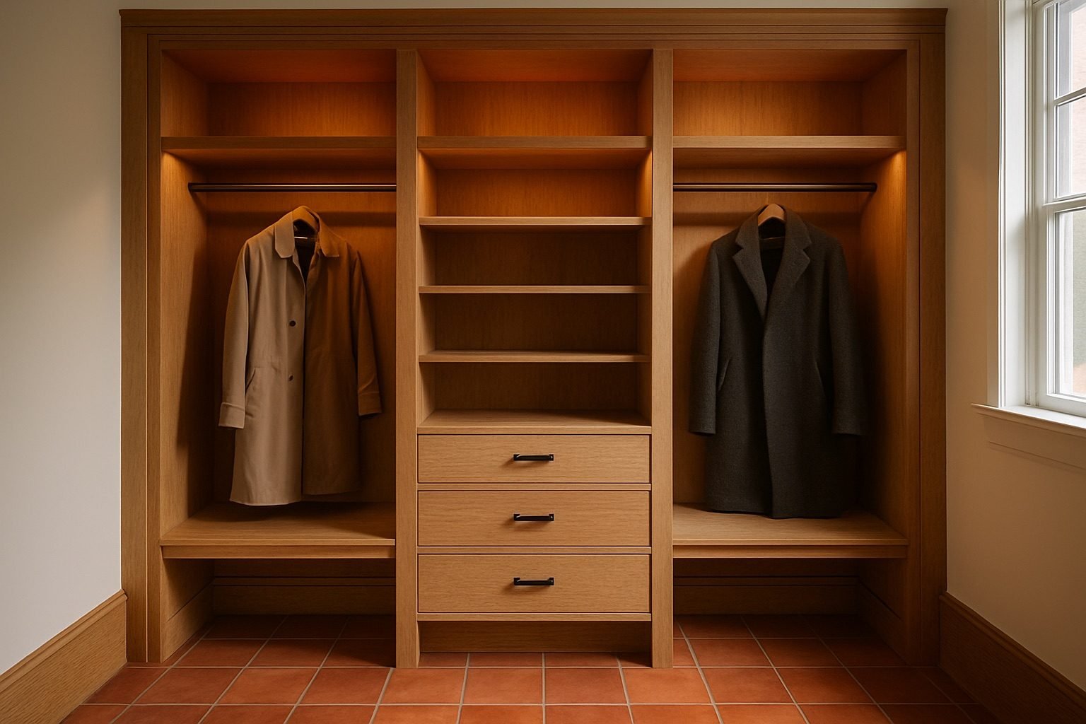Custom entryway built-in cabinetry with concealed storage