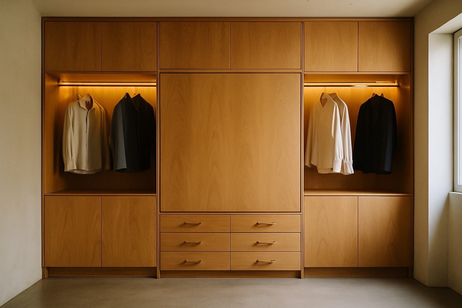 Custom storage wall with integrated Murphy bed cabinetry