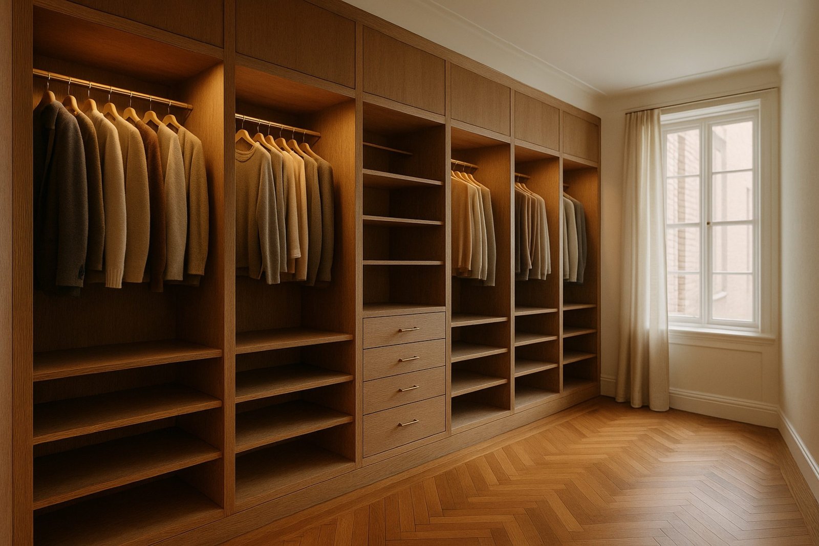 3D design render of a full-wall oak dressing room with lit hanging bays, drawers and upper cabinets beside a tall window