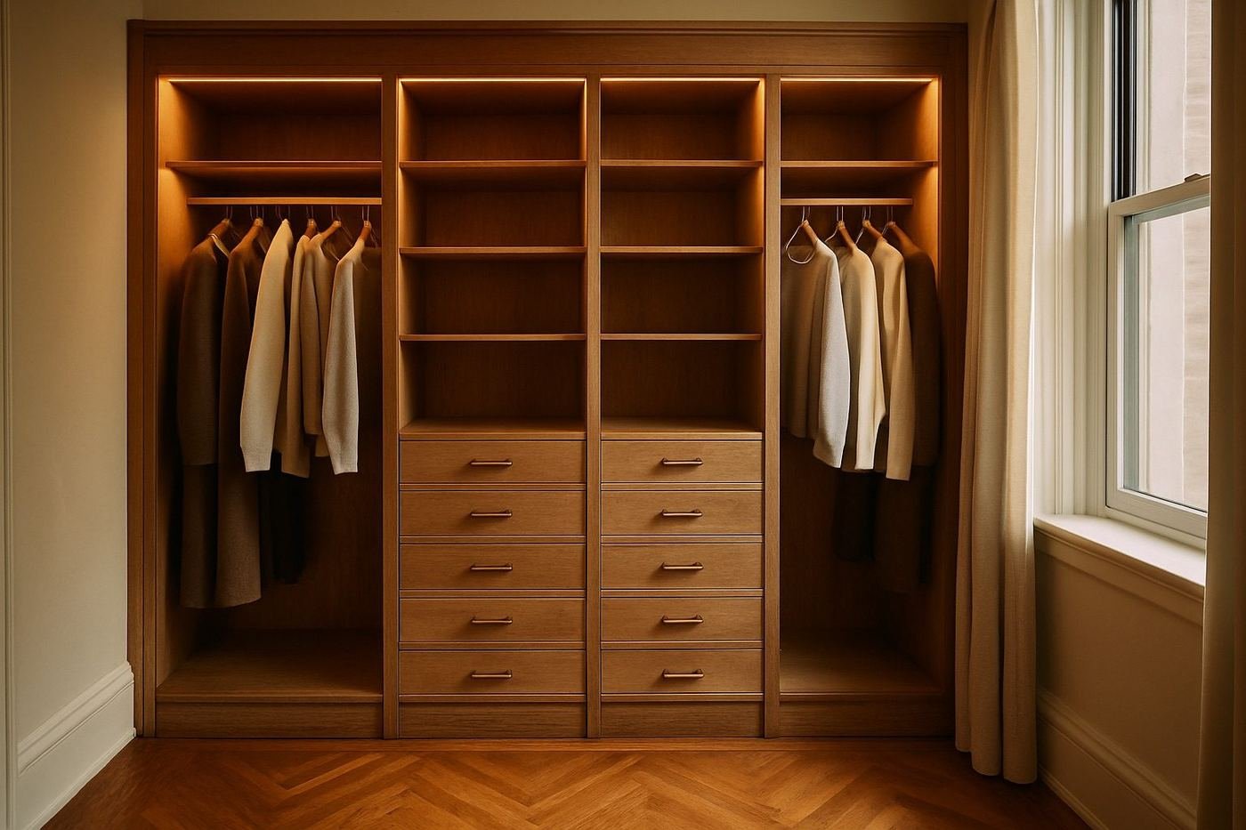 Illustrative 3D closet design with fitted drawers, hanging space and shelving