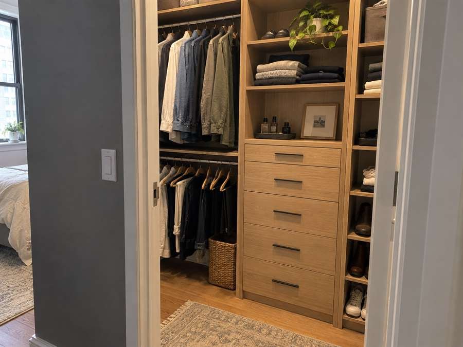 Warm oak reach-in closet with double hanging rods, drawers and open shelving