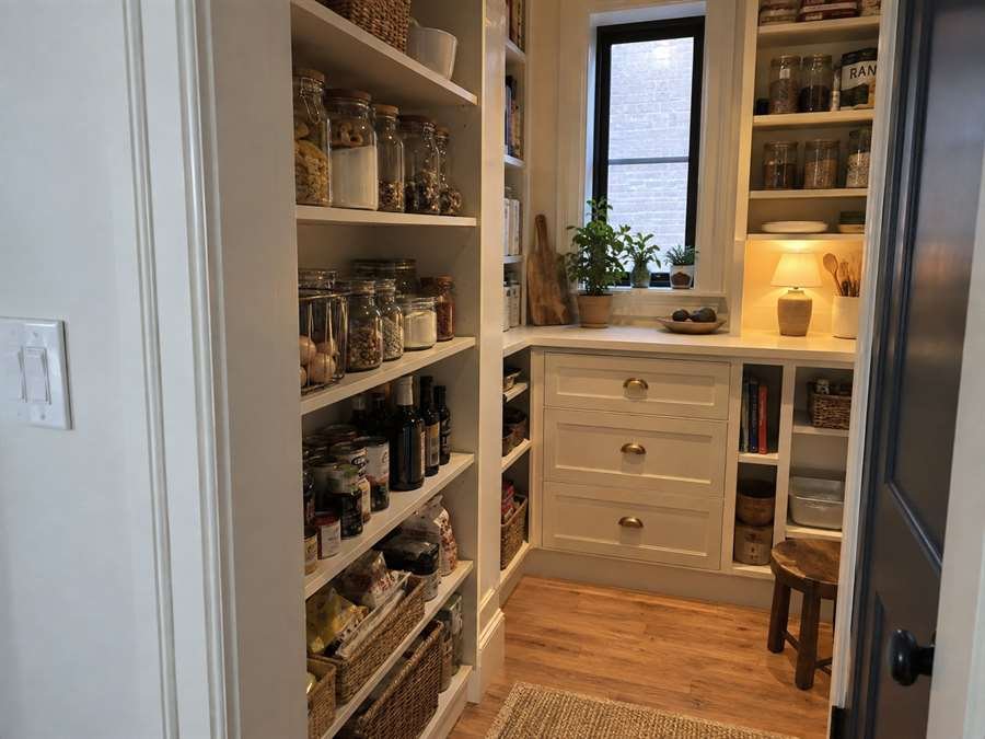 Cream built-in wardrobe wall with open hanging sections and closed doors