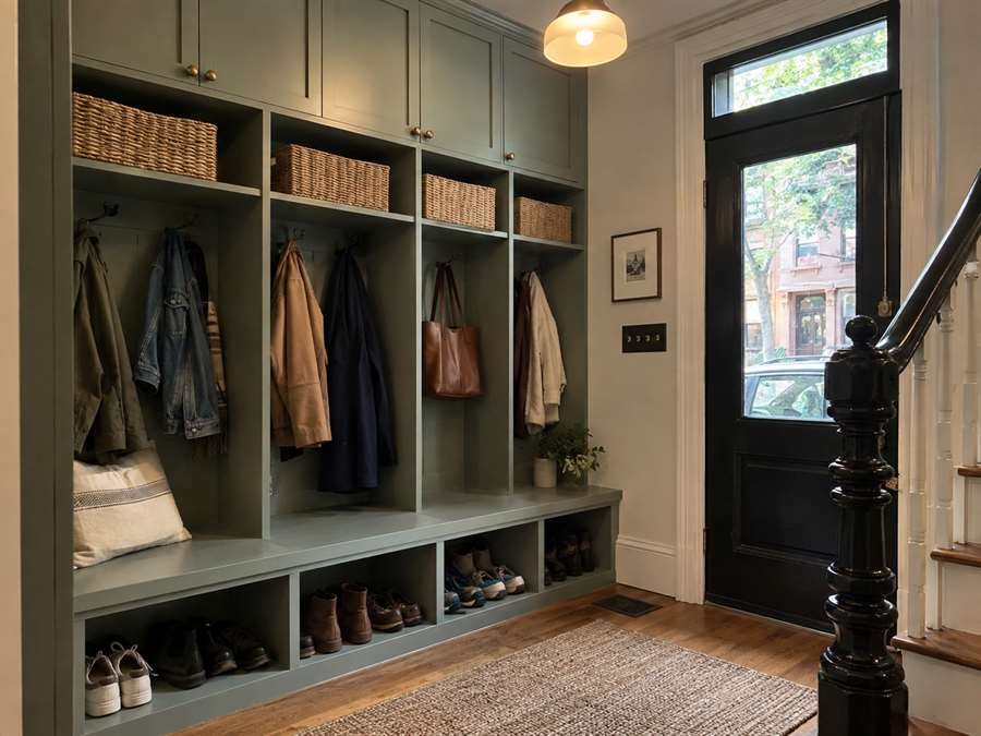 Custom cream pantry with glass jars, drawers, baskets and a small window