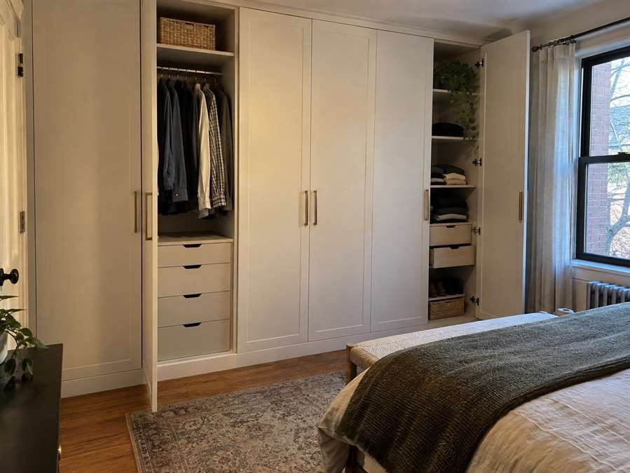 Sage mudroom with built-in bench, hooks, drawers and baskets