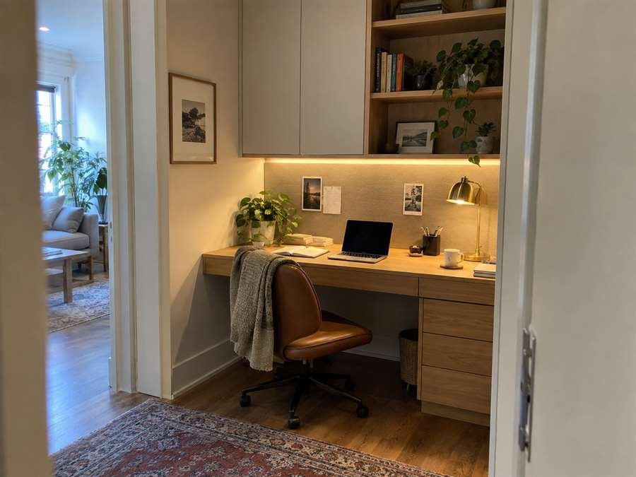Oak home office with floating desk, shelving and closed storage