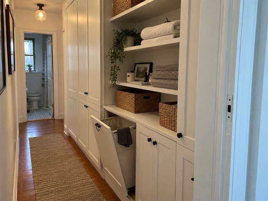 White hallway linen storage with pale oak shelves and closed cabinets