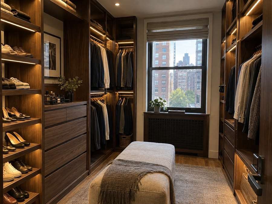 Dark walnut dressing room with glass doors, drawers and warm lighting