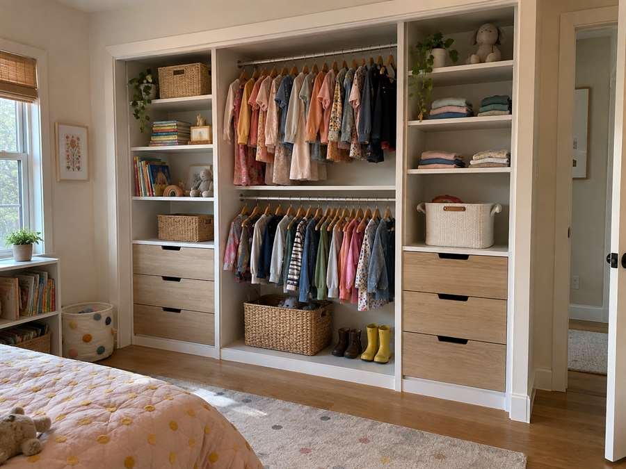 White and pale oak family storage with hanging rails and drawers
