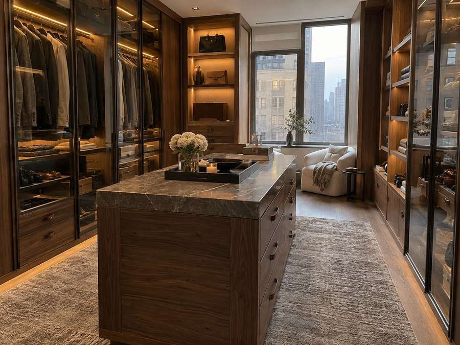 Top-tier walnut walk-in dressing room with smoked glass doors, stone island and warm lighting