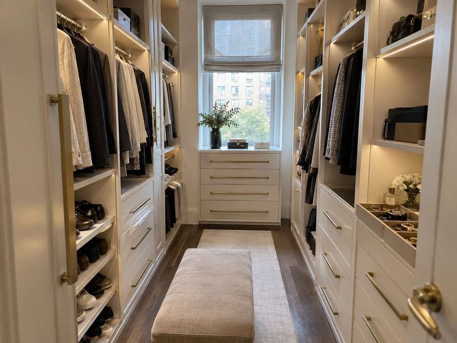 High-end warm white reach-in closet with brass handles, full-height doors and LED lighting