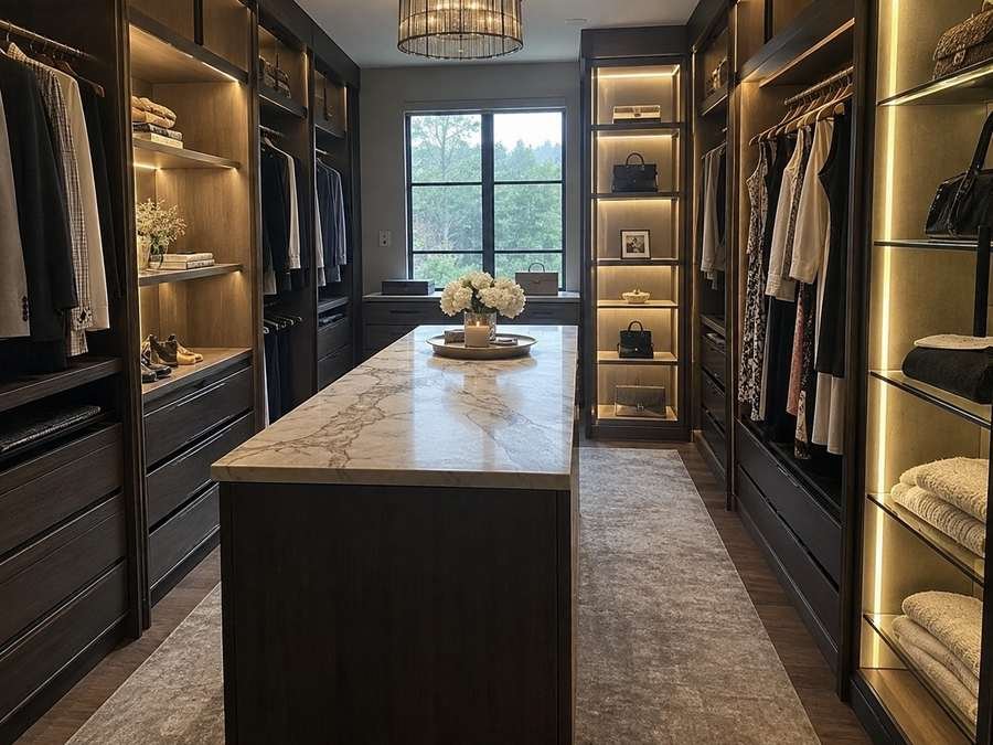 Bespoke rift-cut white oak butler pantry with fluted glass doors and brass hardware