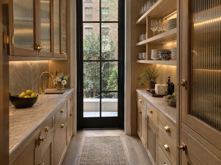 Refined walnut mudroom with upholstered bench, leather hooks and custom drawers