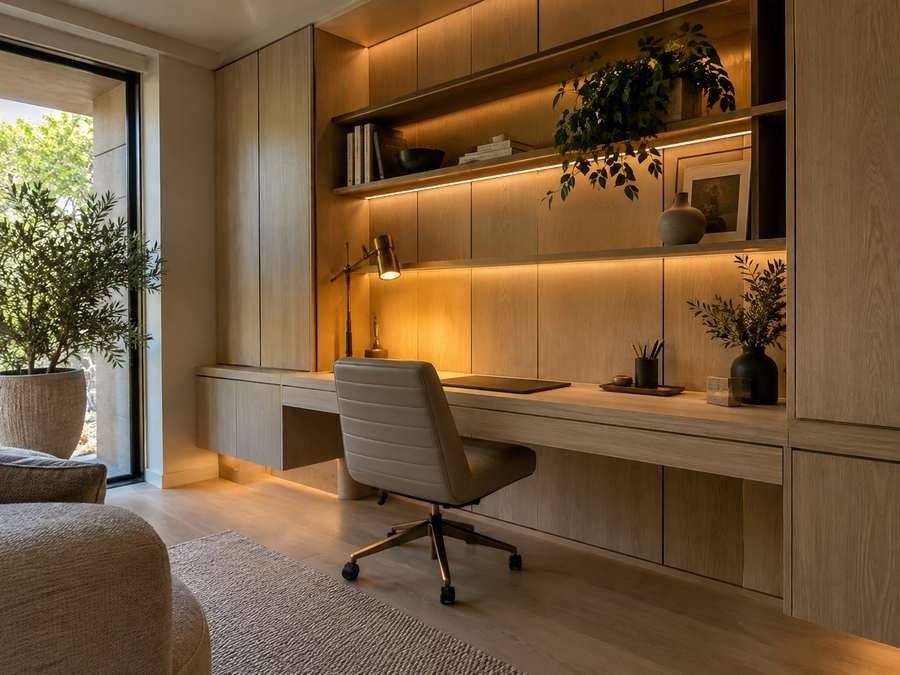 Luxury sloped-ceiling dressing room with fitted wardrobes, drawers and warm LED lighting