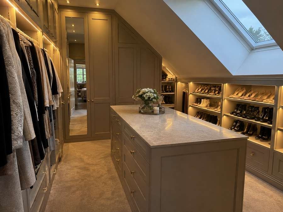 High-end entryway wardrobe wall with fluted walnut panels, concealed doors and lit cubbies