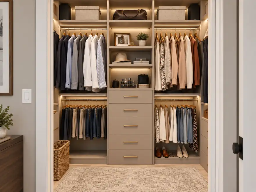 Reach-in closet inspiration with fitted drawers and hanging storage