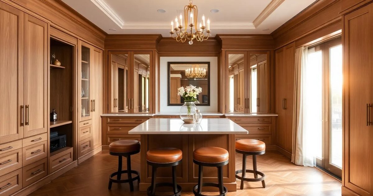 An oak dressing room with full-height paneled wardrobes, mirrored doors, drawer banks and a marble-topped island