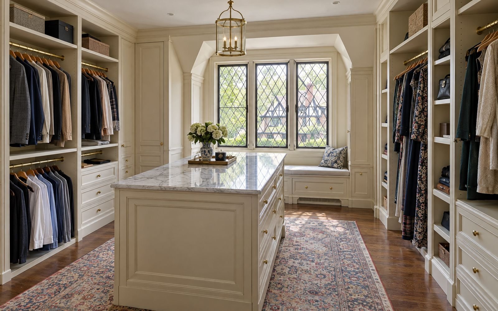 Cream painted walk-in dressing room with a marble island in a Bronxville Tudor house, design concept
