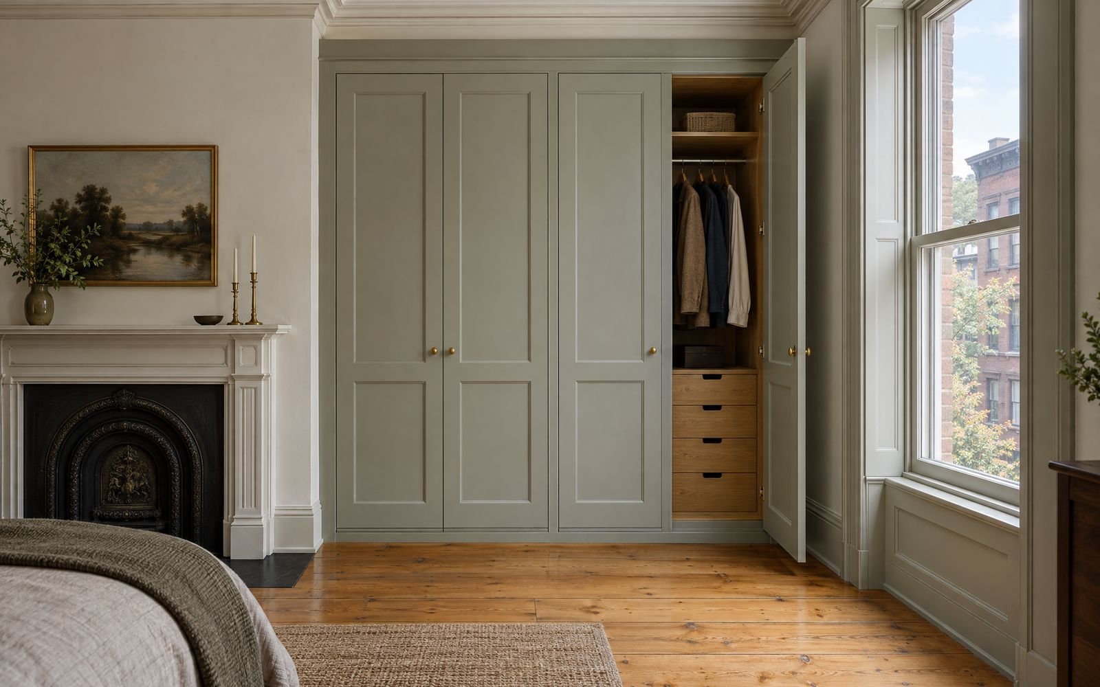 Painted wardrobe built beside a fireplace in a Brooklyn Heights brownstone bedroom, design concept