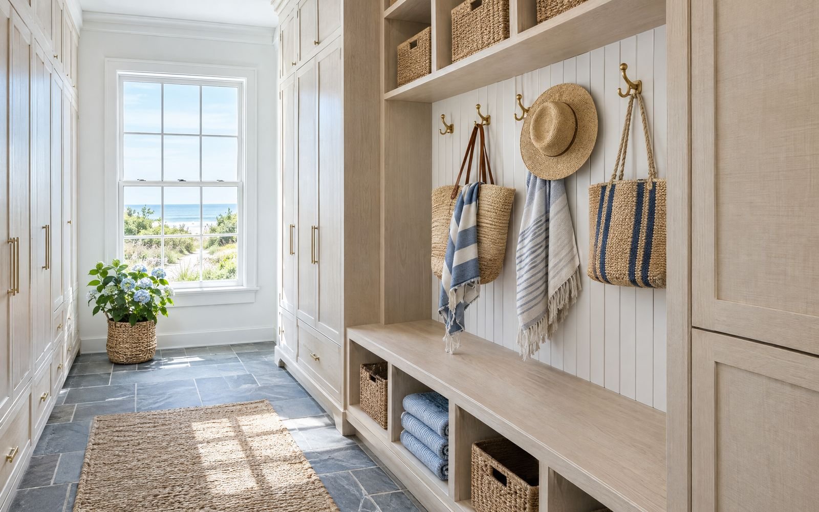 Whitewashed oak mudroom bench and cubbies in an East Hampton beach house, design concept