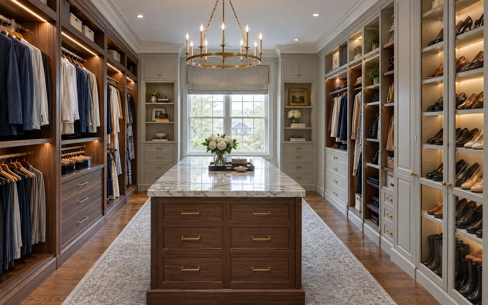 Walnut and painted dressing room with a marble island in a Greenwich, CT colonial, design concept