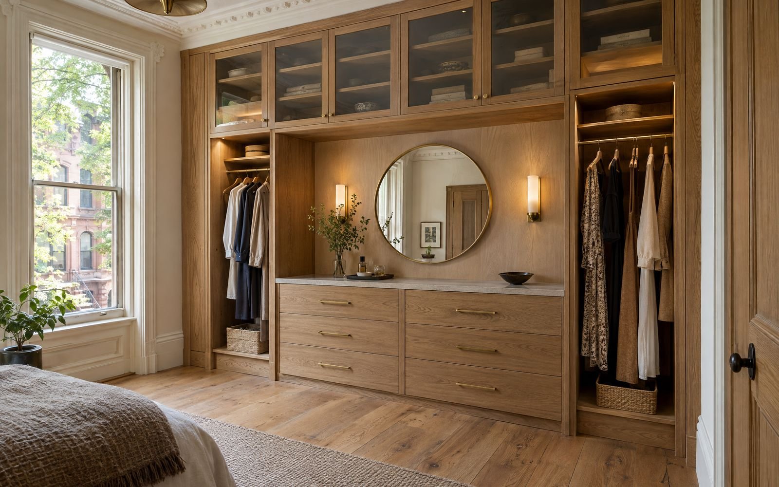 Oak dressing wall with lit hanging nooks and glazed cabinets in a Park Slope brownstone, design concept