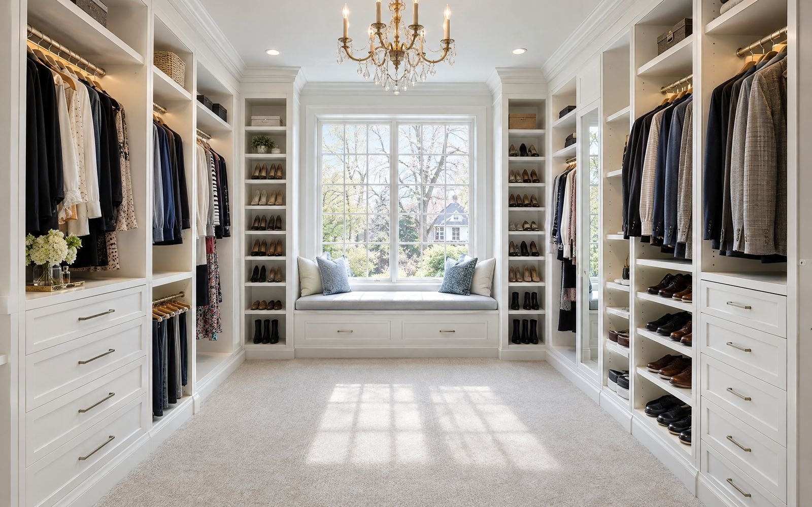 White Shaker walk-in closet with a window seat in a Scarsdale home, design concept