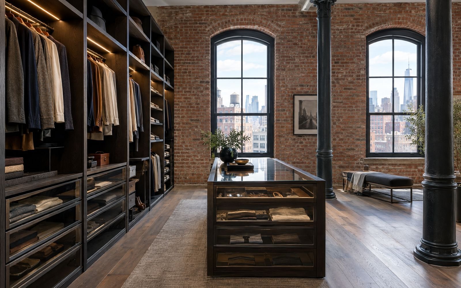 Smoked-oak walk-in closet against exposed brick in a Tribeca loft, design concept