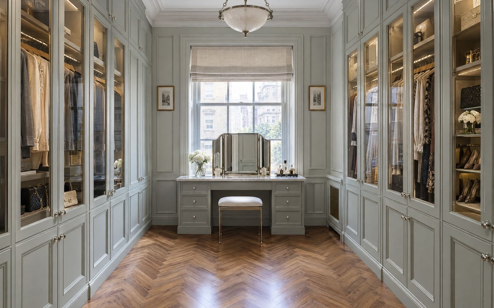 Painted dressing room with a vanity table in a prewar Upper East Side co-op, design concept