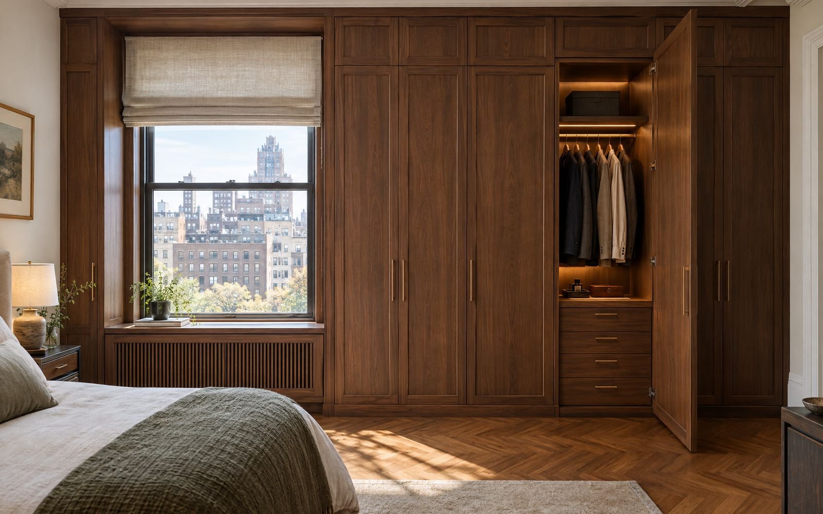 Walnut wardrobe wall with an integrated radiator cover in an Upper West Side apartment, design concept