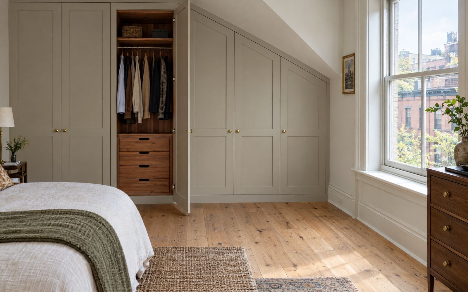 Painted Shaker closet under a sloped ceiling in a West Village townhouse, design concept