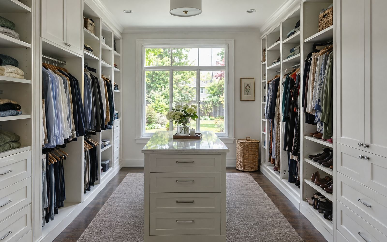 White Shaker walk-in closet with a center island in a Bayside, Queens house, design concept