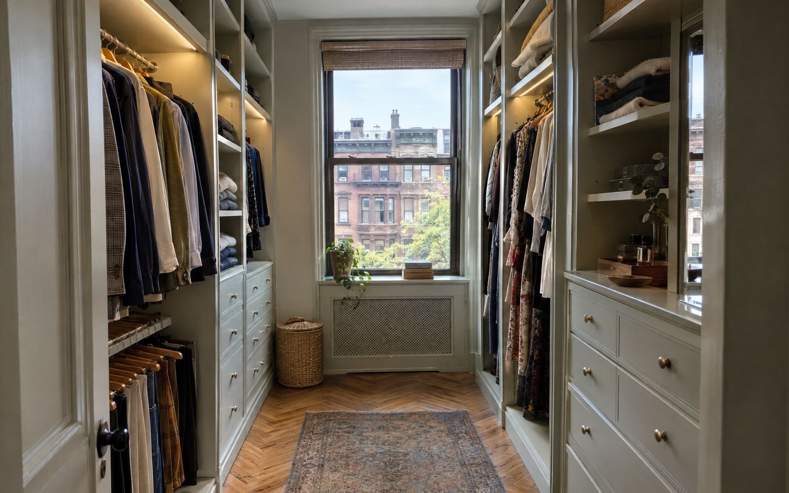Walk-in closet carved from a small bedroom in a prewar Morningside Heights apartment, design concept
