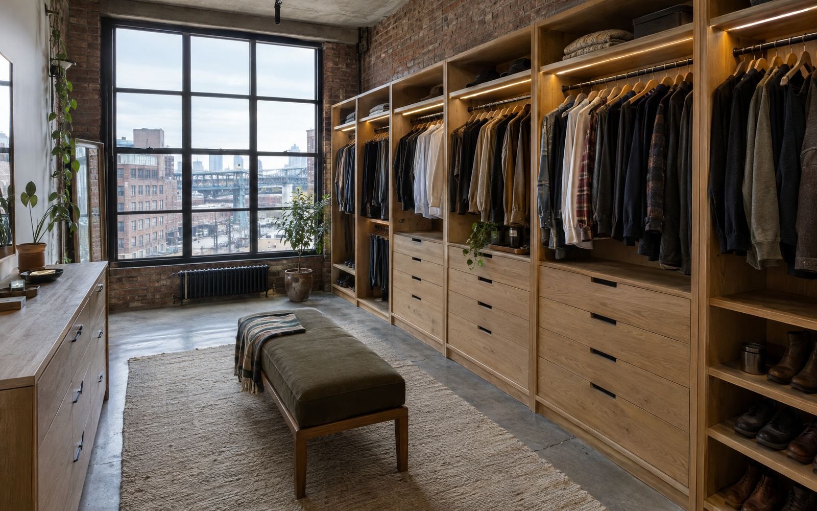 White-oak walk-in closet along an exposed brick wall in a Mott Haven loft, design concept