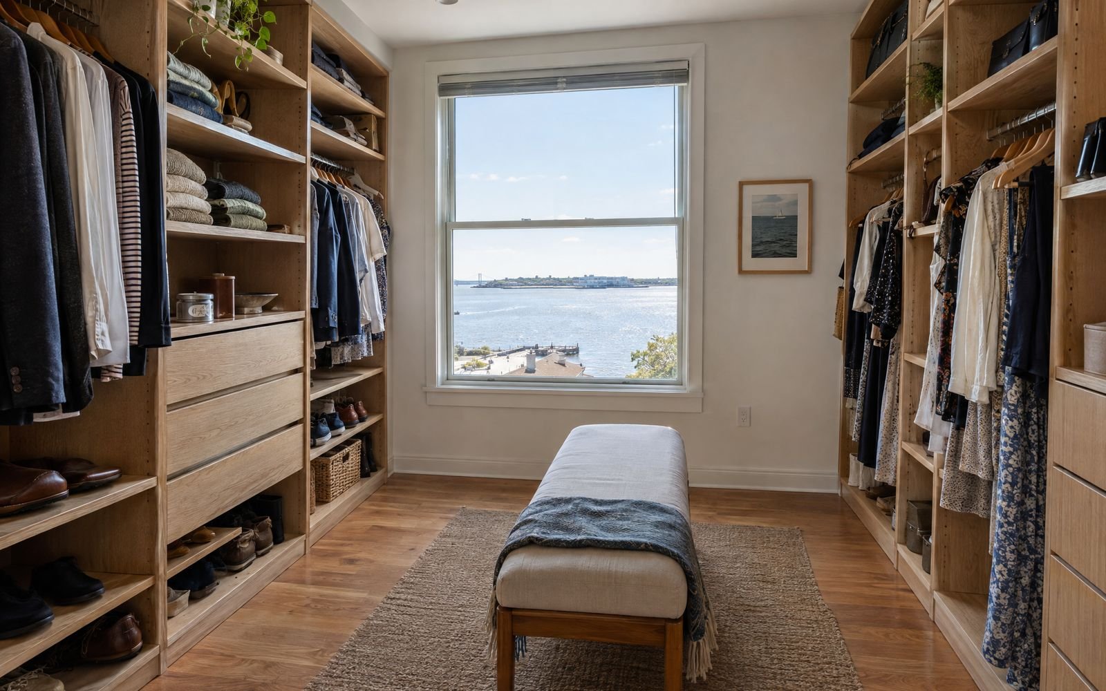 Light oak dressing room with a water view in a Throgs Neck, Bronx house, design concept