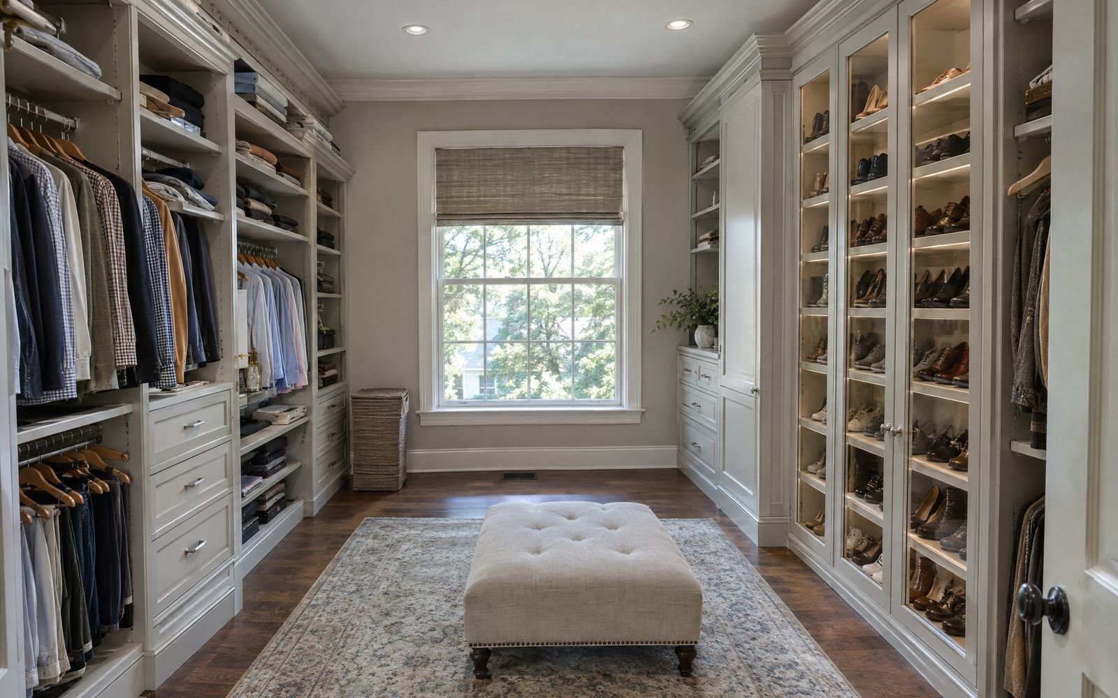 Painted walk-in closet with a glass-front shoe display in a Staten Island colonial house, design concept