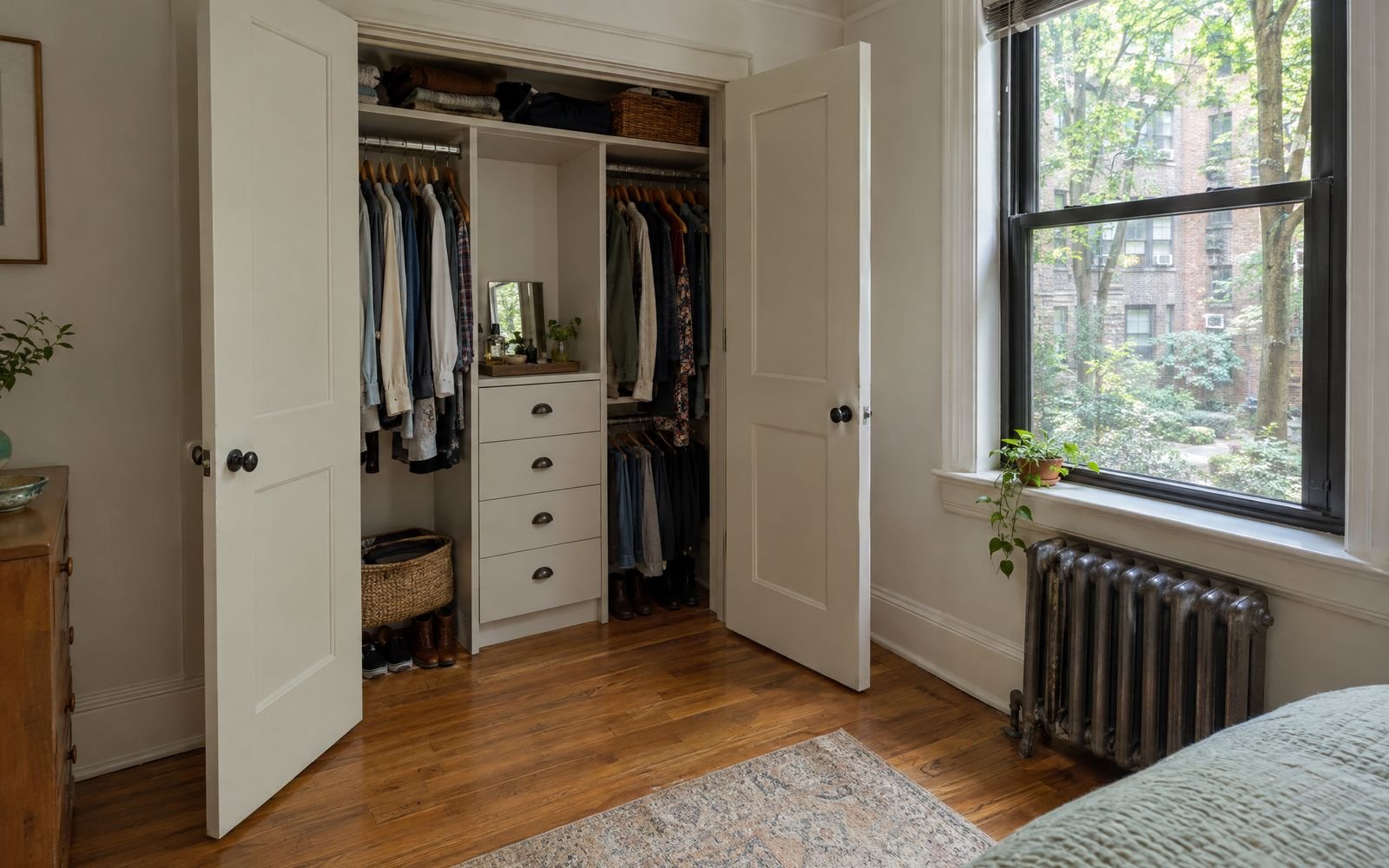 Painted Shaker reach-in closet in a 1920s Sunnyside garden apartment, design concept