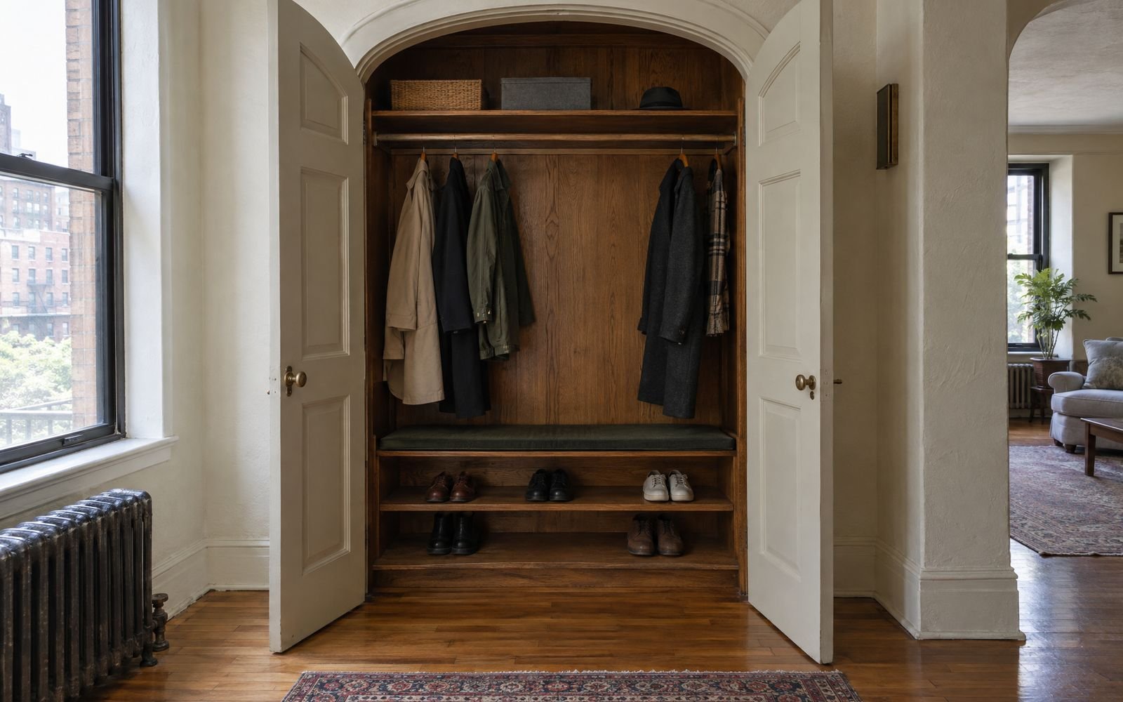 Prewar Art Deco foyer closet with new paneled doors open to an oak interior, design concept