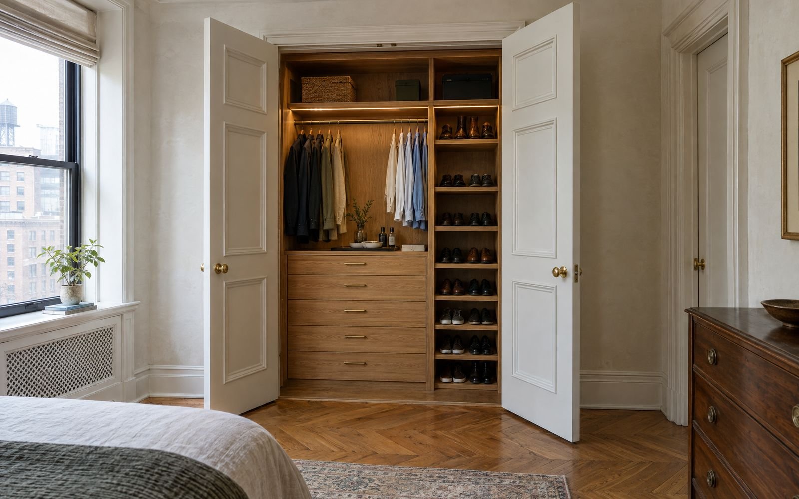 A prewar closet with restored paneled doors opened to a new custom oak interior, design concept