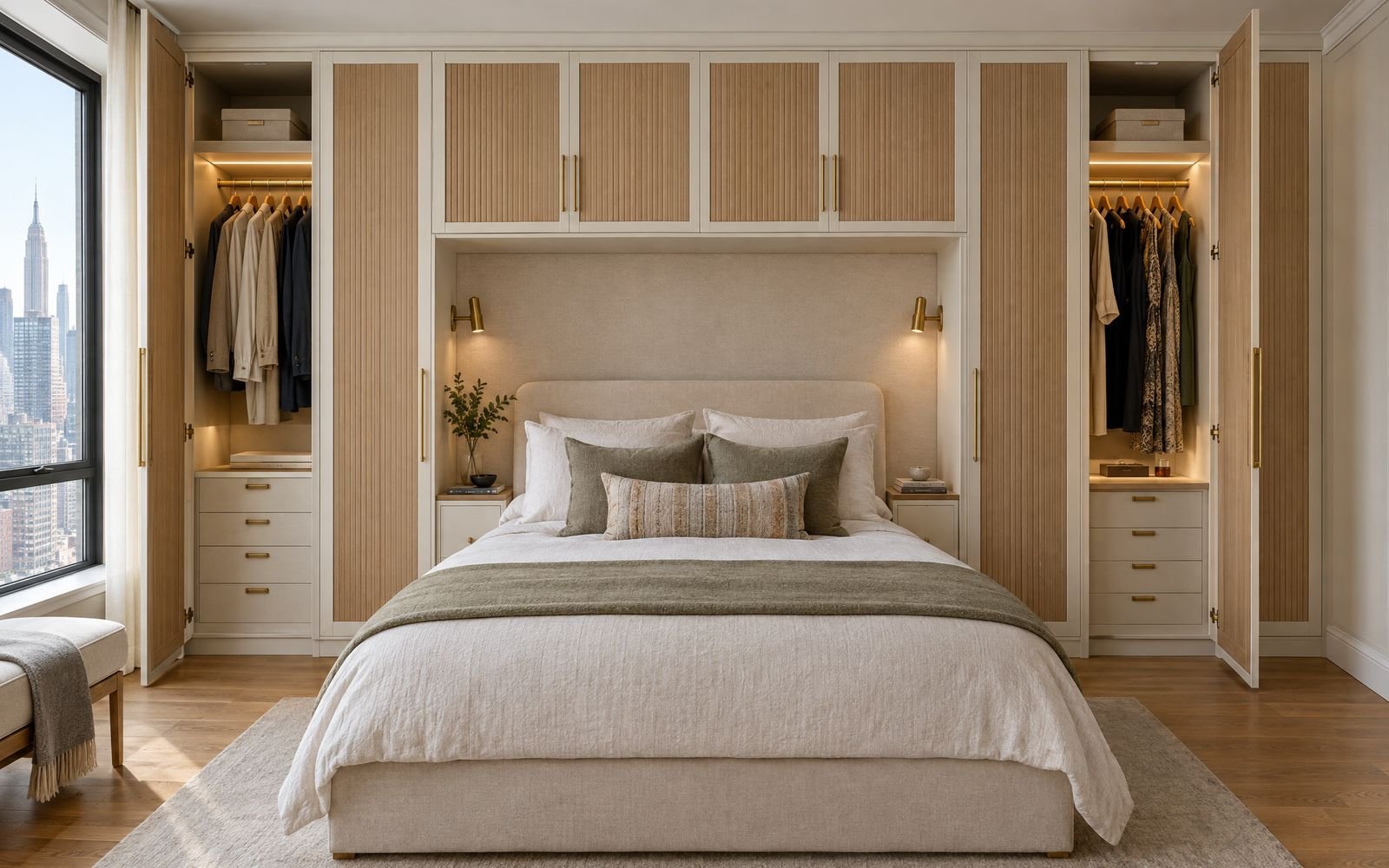 Built-in wardrobe wall with fluted oak doors and a bridge cabinet over the bed in Manhattan, design concept