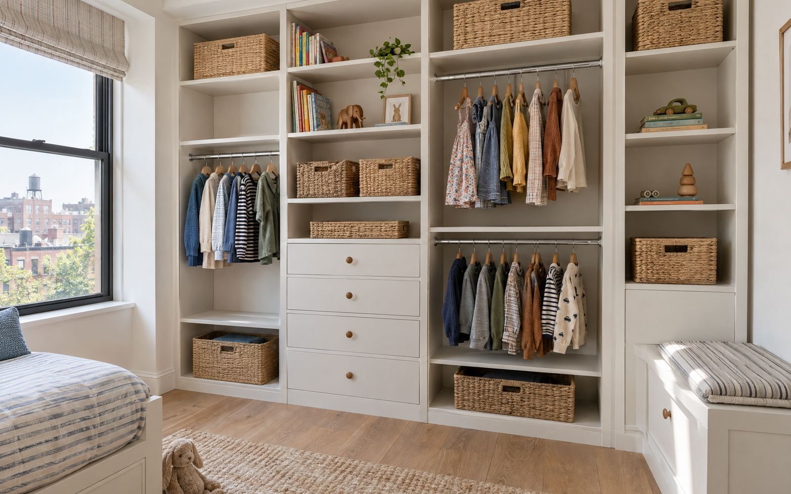 Custom children's closet with low hanging rods, cubbies and drawers, design concept