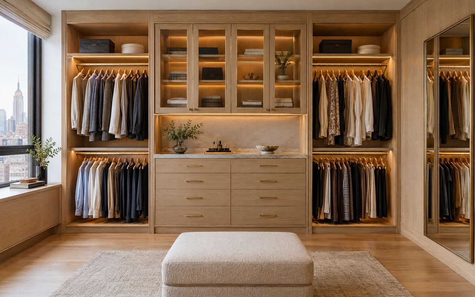 White-oak dressing room with lit hanging bays and a stone-topped drawer bank, design concept