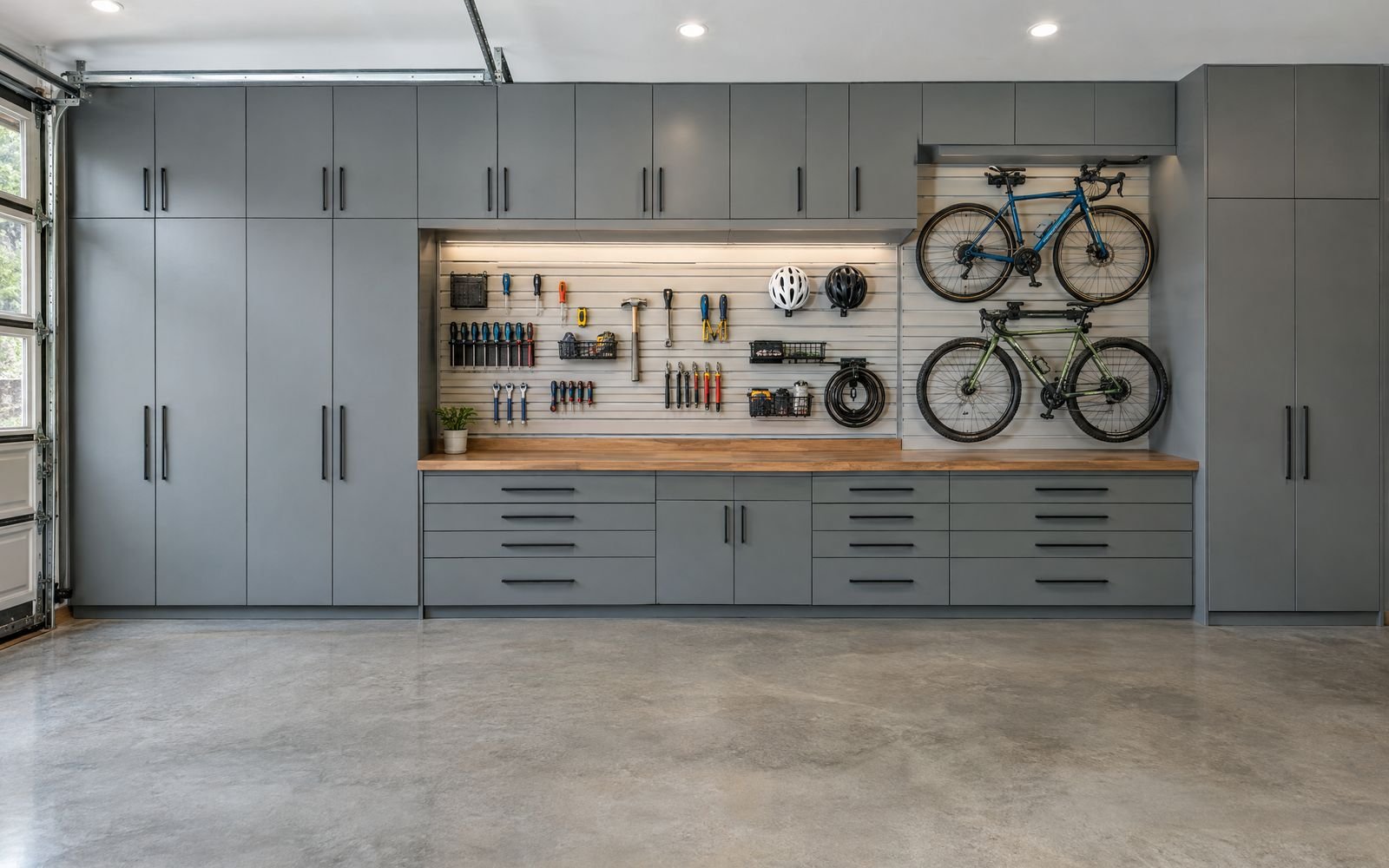Custom garage storage with grey cabinets, a workbench and bike wall, design concept