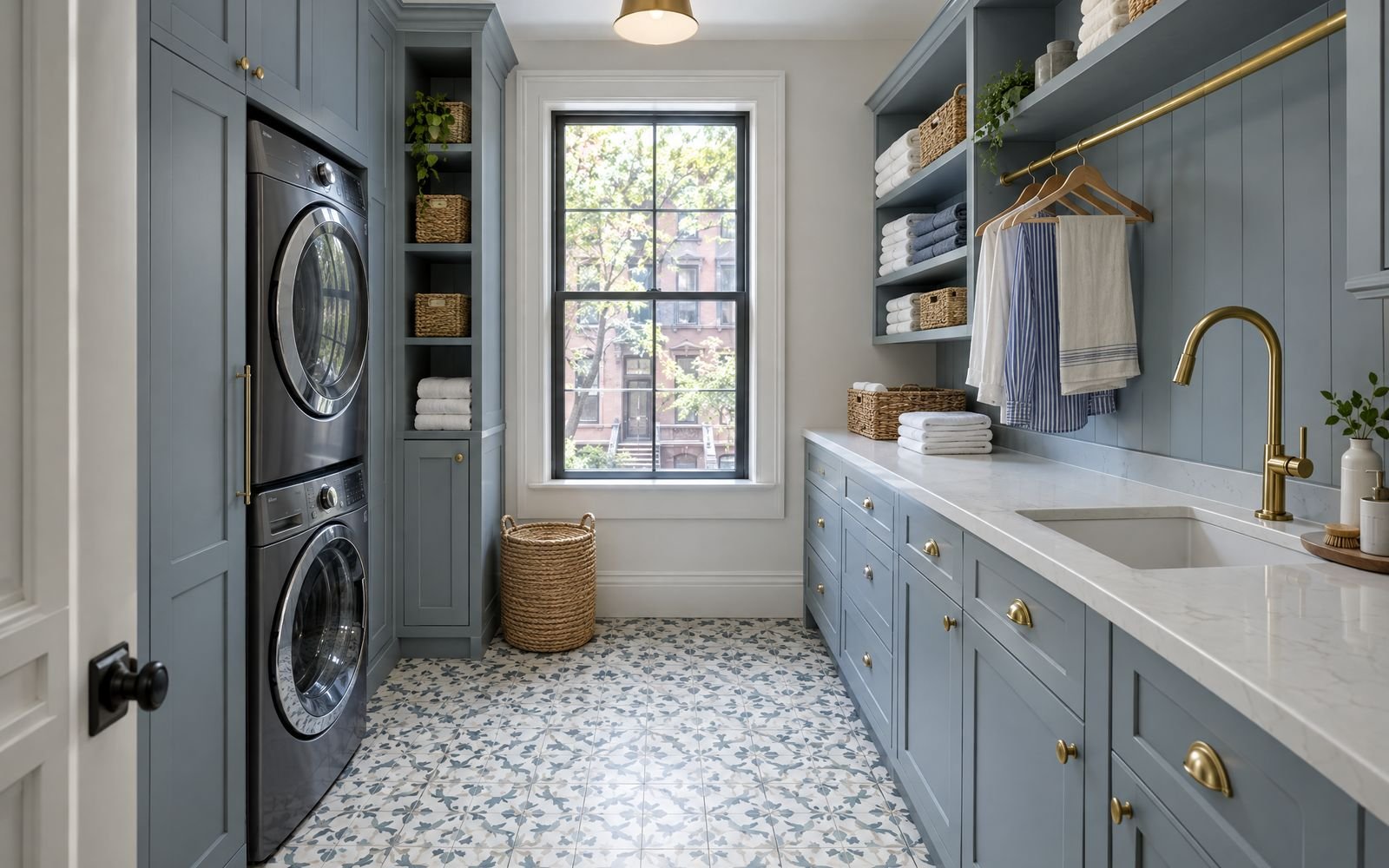 Custom laundry room with blue-grey Shaker cabinets and a stacked washer-dryer, design concept