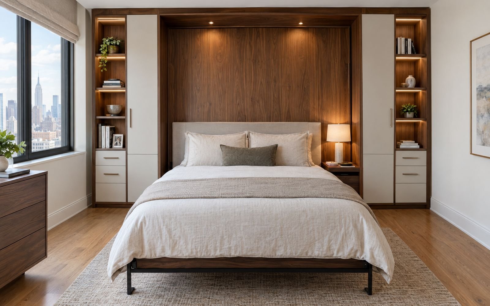 Walnut Murphy wall bed with side storage towers, design concept